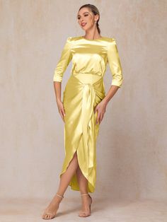 Daffodil Fitted Yellow Maxi Dress For Banquet, Yellow Fitted Maxi Dress For Banquet, Elegant Ruched Yellow Maxi Dress, Elegant Yellow Ruched Maxi Dress, Gold Ruched Wedding Dress, Yellow Maxi Dress For Banquet, Yellow Satin Midi Dress For Party, Yellow Satin Floor-length Dress, Elegant Yellow Satin Midi Dress