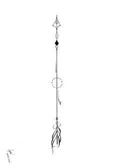 a black and white drawing of an arrow with feathers on it's back end