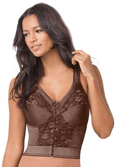 PRICES MAY VARY. Signature crisscross sling design provides added lift and support for a natural, flattering shape.Front hook closure makes it easy to put on and take off.Light boning adds enhanced support for all-day wear.Longer length with power mesh crisscross back improves posture.Beautiful lace insert for a touch of elegance and style.Wireless cups ensure all-day comfort with no pinching or discomfort.Wide, cushioned adjustable straps for a perfect fit.Made from a nylon/spandex blend for la Leisure Bra, Sling Design, Posture Bra, Posture Support, Corset Bra, Unlined Bra, Longline Bra, Improve Posture, Swimsuits For All