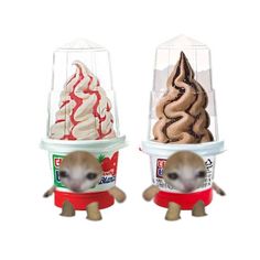 two ice creams in plastic containers with animals inside them