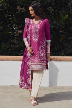 ELAN Embroidered Luxury Lawn Unstitched 3Pc Suit AIRA (EL24-10 A) | Latest Pakistani Salwar Kameez Punjabi suit designer wear Elan Lawn, Pakistani Style, Cerise Pink, Pakistani Salwar Kameez, Eid Dresses, Pink Canvas, Flora Fauna, Lawn Suits, Luxurious Design