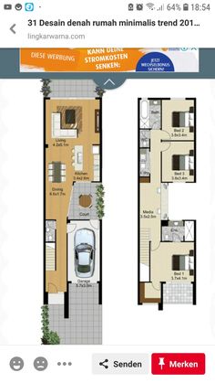 two story house plan with 3 bedroom and 2 bathroom in the middle, one car parked on