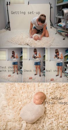 a baby laying on top of a pile of white carpet next to a sign that says getting set - up