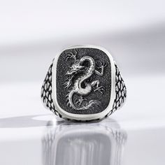 This Chinese Dragon Engraved Vintage Signet Ring is an authentic handcrafted piece of jewelry. This unique mens signet ring is perfect for understated elegance. Our Dragon Signet Ring is made with a beautiful dragon engraving on the face of the ring. This design is inspired by Chinese mythology, including the traditional "Dragon Power", strength and wisdom. Dragon Signet Ring - Dragon Jewelry. The dragon was the protector of royalty in China, but it was also believed that dragons could bring goo Dragon Engraving, Mens Crown, Traditional Dragon, Infinite Void, Mens Signet Ring, Tiger Ring, Fantasy Ring, Birthday Presents For Him, Chinese Mythology