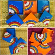 four different pictures of folded paper with designs on them, one is orange and the other is blue