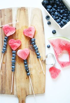 blueberries and watermelon are arranged on skewers to look like faces