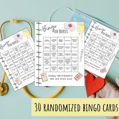 a hand holding a paper heart next to two cards with the words,'30 randomized bingo cards '