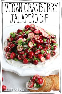 the cover of vegan cranberry jalapeno dip on a white platter