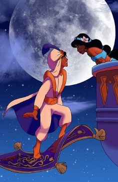 two cartoon characters standing in front of a full moon, one is looking at the other