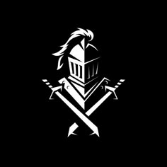 a black and white logo with a man holding two crossed swords in his right hand