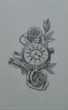 a drawing of roses and an alarm clock