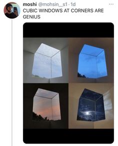 four different views of the same window in an open box, one is blue and the other is white