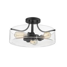 a semi flush ceiling light with clear glass and black metal trim, on an isolated white background