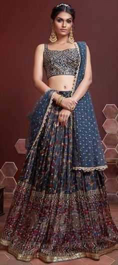 Blue color Lehenga in Art Silk fabric with Embroidered, Printed, Thread work Elaborate Embroidery, Blouse Lehenga, Mirror Work Lehenga, Bridesmaid Lehenga, Sabyasachi Lehenga, Indian Lehenga Choli, Party Wear Lehenga Choli, Bollywood Lehenga, Lengha Choli