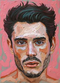 an oil painting of a man's face on a pink background