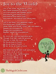 a christmas poem with the words joy to the world written in green on red background