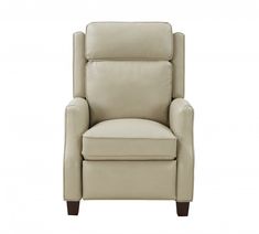 the reclining chair is shown in beige leather with dark wood legs and footrests