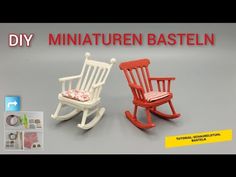 two miniature rocking chairs sitting next to each other on top of a gray surface with the words diy miniatureen basteln