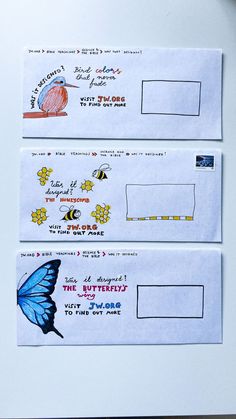 two envelopes with butterflies on them are next to each other in front of a white refrigerator