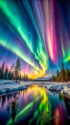 the aurora bore is lit up in the night sky over a river and snow covered forest