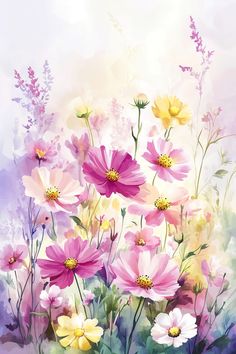 an artistic painting of pink and yellow flowers