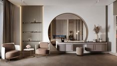 an elegant bathroom with round mirrors and chairs