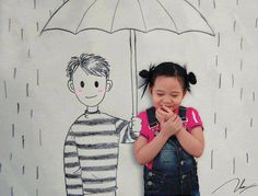 Very cute photo idea for childrenʻs fair or for a book review (draw a character from a book then take pictures with him/her)  Great way to spark a childʻs interest in reading! Umbrella Activities, Street Art Banksy, Banksy Art, Rainy Wedding, Project For Kids, Love Rain, Under My Umbrella