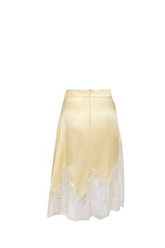 Pale yellow asymmetric silk skirt with metallic french lace Fastens with invisible zip at central backComposition: 100% Silk / Lace: 75% Lurex 25% NylonDry Clean OnlyFit and Model SizeModel wears UK size 6 and is 5'8'' (172 cm) Fits true to size, however those who are between sizes should take the larger size Light weight fabric, non stretch Designed to be fitted at waist, loose cut Silk Midi Skirt, Silk And Lace, Yellow Silk, Silk Lace, Silk Skirt, French Lace, Pale Yellow, Casual Summer Outfits, Coat Dress