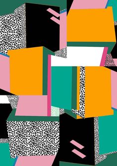 an abstract painting with different colors and patterns on black, pink, green, yellow