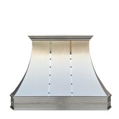 a large stainless steel range hood with white and silver shades on the front, against a white background