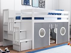 This Contemporary Low Loft Bed in White with a Gray & White Tent will look great in your Home Princess Loft Bed, Stairway Bunk Beds, Grey And White Bedding, Bunk Bed Mattress, White Stairs, Low Loft, Low Loft Beds, Twin Loft Bed, Full Bunk Beds