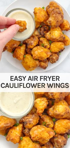 two plates filled with fried cauliflower wings and dipping sauce