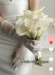 a bride holding a bouquet of flowers in her hand with the caption i call it lily bouquet