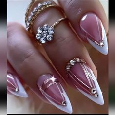 24 Count Press On Nails French Style With Rhinestone Accents And Gold Lines Almond Shaped Includes Jelly Glue And Nail File New Nails French, Almond Shaped, Gold Line, Nail File, French Style, French Nails, Press On Nails, Womens Makeup, Jelly