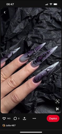 Purple Black Nail Art, Acrylic Nail Designs Stiletto Pointy, Edgy Birthday Nails, Purple Grunge Nails, Goth Fall Nails, Purple Flame Nails, Emo Nails Ideas, Dark Purple Nails With Design, Purple And Black Nail Ideas