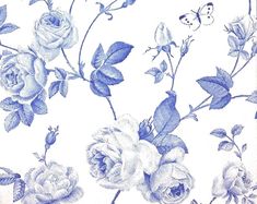 a blue and white drawing of roses with butterflies