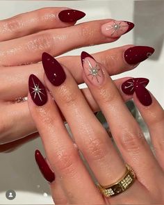 Cherry Red Chrome Nails Almond, Oxblood Nail Designs, Burgundy Nails Prom, Ruby Red Nails Designs, Almond Vs Stiletto Nails, Crimson Nail Designs, Goth Red Nails, Almond Nails Designs Red, Maroon Almond Nails