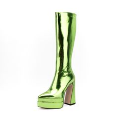 Shop Green Metallic Color Shine Pointed Toe Platform Block Heel Knee High Boots color Green for Anniversary, Big Day, Dancing Club, Music Festival, Night Club, Party, Red Carpet with worldwide Free shipping & Free return. Women's Knee High Boots, Bridal Shoes Low Heel, Knee High Platform Boots, Sequin Sandals, Pointed Boots, Ivory Wedding Shoes, Fashion Mirror, Animal Print Shoes, Mid Boots