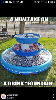 an inflatable water fountain made out of soda cans is shown with the caption saying, such a genius cooler for a party yay or nay?