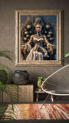 a painting hanging on the wall in a living room with a chair and potted plant