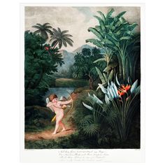 an illustration of a cupid holding a bow in the jungle