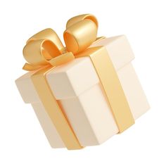 a white gift box with gold ribbon and bow on it's top, isolated against a white background