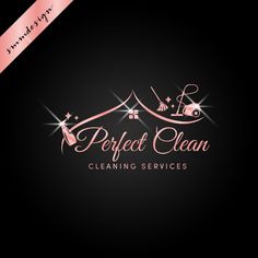 the perfect clean cleaning services logo is shown on a black background with pink ribbon and sparkles