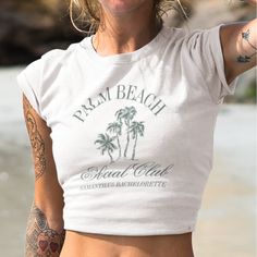 Retro Luxe Beach Bachelorette Logo Social Club Aesthetic Palm Trees Custom Bachelorette Party Shirts Beach Season Crew Neck Crop Top, Fitted Crew Neck Tops For Beach Season, Tropical Fitted Top For Beach Party, Fitted Tropical Top For Beach Party, Summer Beach Crew Neck Crop Top, Summer Beach Crop Top With Crew Neck, Trendy Fitted Tops For Beach Party, Fitted Summer Tops For Beach Party, Spring Beach Crop Top With Crew Neck