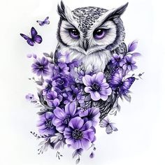 an owl with purple flowers and butterflies on it's head is shown in this drawing