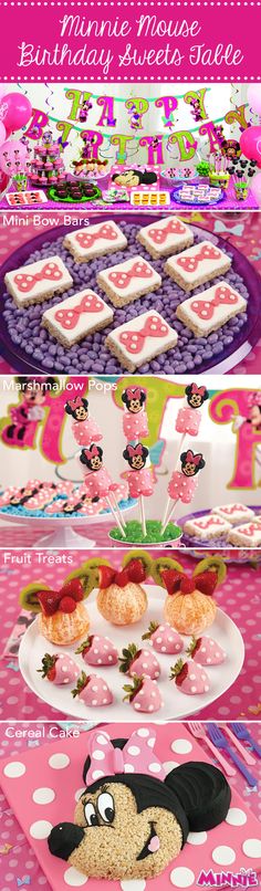 minnie mouse birthday party with pink polka dot tablecloth and cupcakes on plates