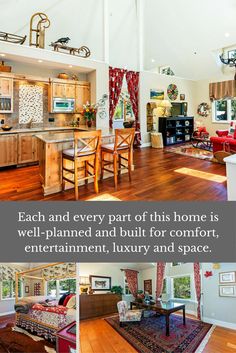 a living room and kitchen area with hardwood flooring in the center, an open concept