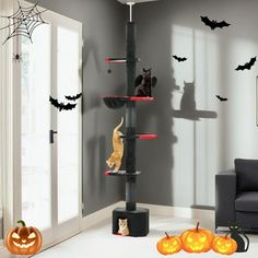 a room decorated for halloween with pumpkins and bats on the wall, two cats sitting on top of a cat tower