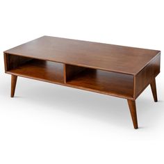 a wooden coffee table with two shelves on one side and three drawers on the other