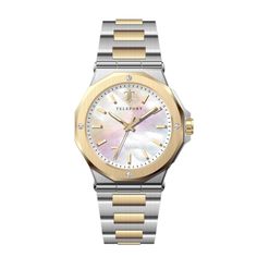 Women's Silver and Gold Mother of Pearl Metal Teleport Watch Gold Watch With Stainless Steel Clasp, Gold Watches With Stainless Steel Clasp, Stainless Steel Diamond Watch With Metal Dial As Gift, White Metal Watches With Metal Dial, White Metal Watch With Metal Dial, Stainless Steel Diamond Watch With Metal Dial, White Stainless Steel Diamond Watch With Round Dial, Metal Watch, Metal Band